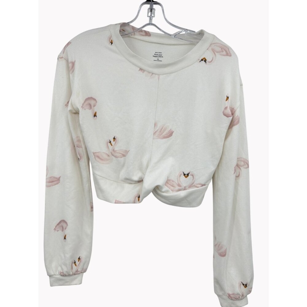 Gilly Hicks Womens XS White Pink Swan Print Twist Front Long Sleeve Crop Top